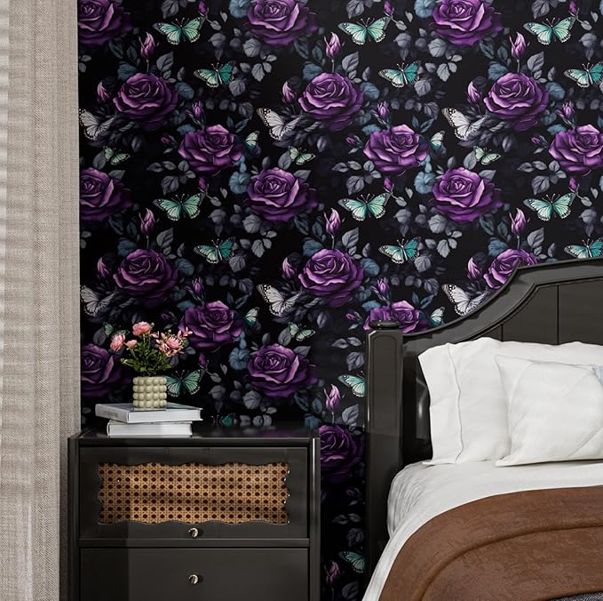 Black Foral Wallpaper Peel and Stick, Dark Purple Rose Contact Paper, Waterproof Self-Adhesive Flower Butterfly Wall Paper for Bedroom Countertop Desk Cabinets Decor 17.4" x 118" Renter Friendly