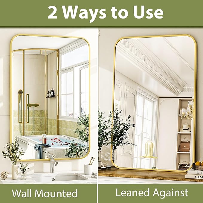 24 x 36 Inch Bathroom Mirror, Rounded Rectangular Vanity Mirror for Wall, Modern Mirror for Room Decor, Gold Framed Wall-Mounted Mirrors for Home Decor, Hangs Horizontally or Vertically