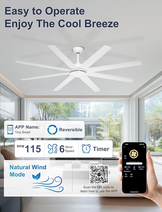 72 Inch Large Ceiling Fans Without Lights, 8 Blades White Ceiling Fan Remote/APP Control, Reversible Big Ceiling Fan for Shop Garage Living Rooms