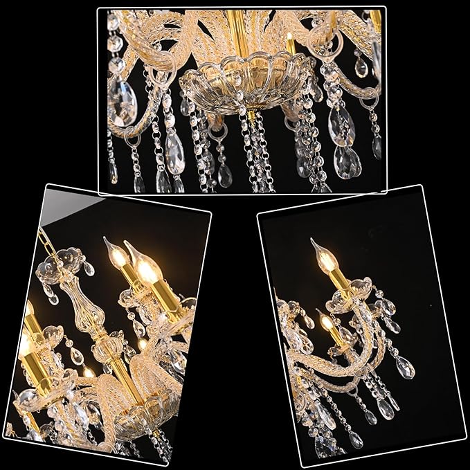 MALOSA Luxury Gold Large Crystal Chandelier for Living Room,Dining Room,Bedroom,Hallway 15 Lights 30.7"