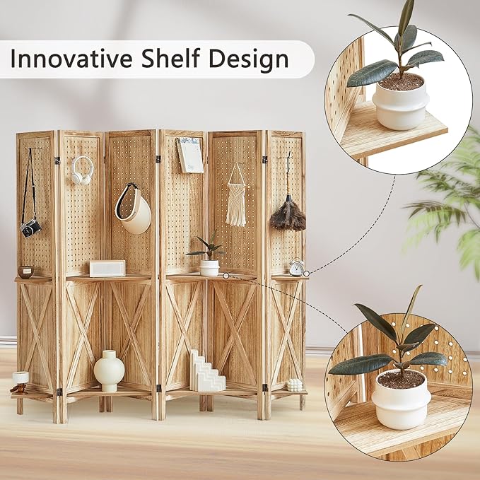 6 Panel Pegboard Room Divider with Shelves, Wood Room Divider and Folding Privacy Screen, Peg Board Display Stand Wall Divider for Room Separation for Craft Shows Events Retail, Natural