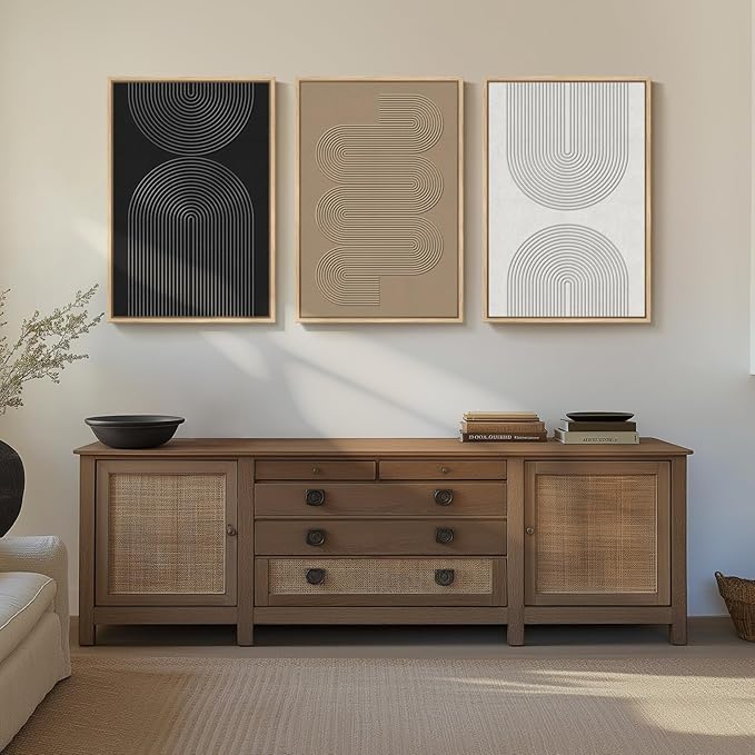 Large 3D Textured Framed Boho Neutral Abstract Wall Art, Set of 3 Modern Paintings Artwork for Walls, Black White Brown Minimalist Geometric Pictures for Living Room, Entryway, Dining Room Wall Decor