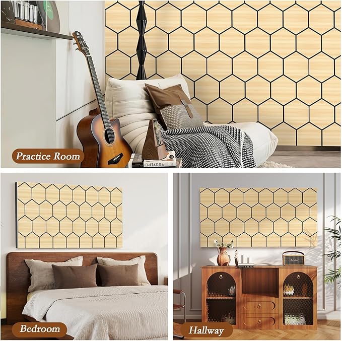 4Pack Acoustic Wall Panel Self-Adhesive Soundproof Foam Panels for Wall, 3D Perforated Tri-Layer Polyester Fiber Decorative Acoustic Insulation for Recording Studio, Office, Home, 24×12×1.78", Hexagon