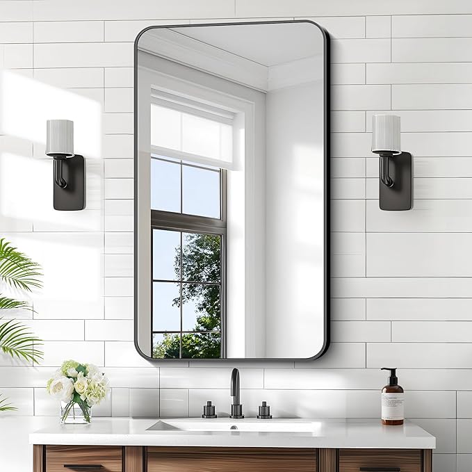 KOCUUY Bathroom Mirror 24" x 40", Black Rectangle Mirror with Metal Frame, Matte Black Vanity Mirror Rounded Corner Decorative for Bedroom, Living Room, Entryway (Horizontal/Vertical)