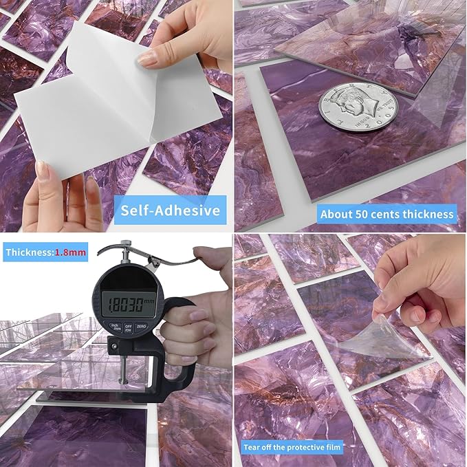 64-Pack Peel and Stick Backsplash Marble Wall Tiles, Waterproof 4" x 8" Glossy Imitation Fantasy Purple Marble, PVC Shower Wall Panels for Interior Wall Decor; Tile for Kitchen, Bathroom & Fireplace
