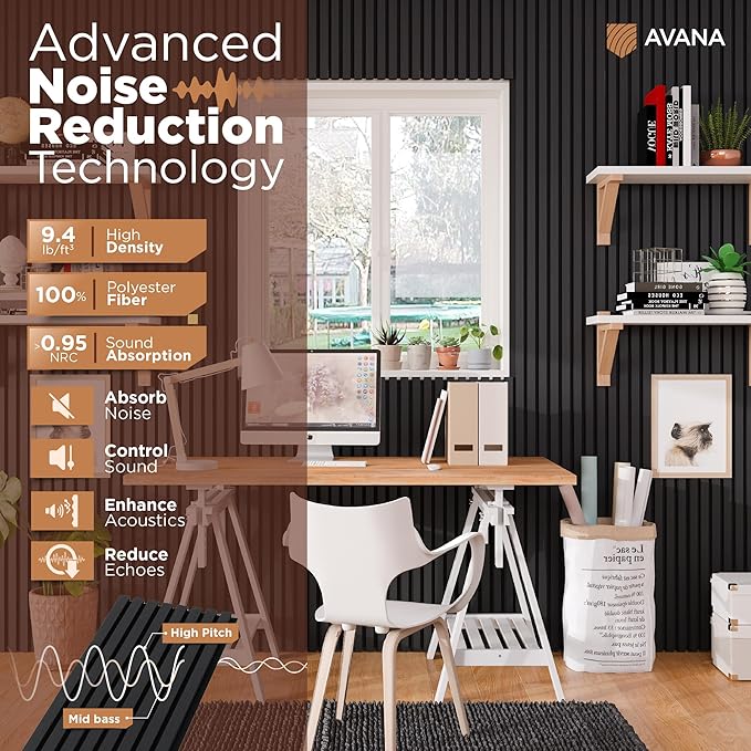 Avana Acoustic Wood Wall Panels – 94.4 x 12.6 Inch Black Oak Acoustic Panels 2 PCs – Wall Panels For Interior Wall Decor For Homes, Offices, Studios – Pleasing Decorative Wood Panels For Wall