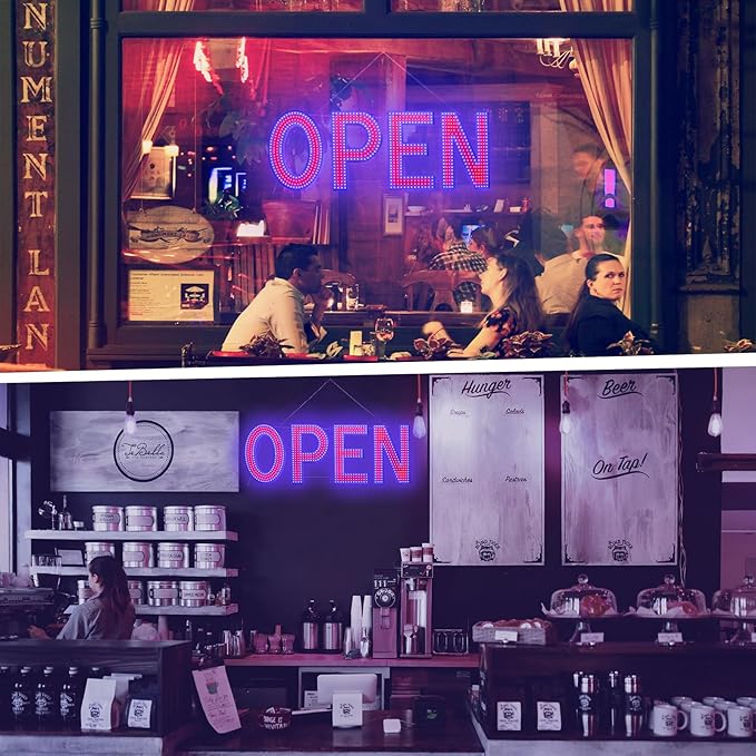 LED Open Sign for Business, 40"x14" Dimmable Brightness Large Electric Light Up Sign, Hanging Installation for Store Restaurant Office Bar Hotel Salon (Red and Blue)
