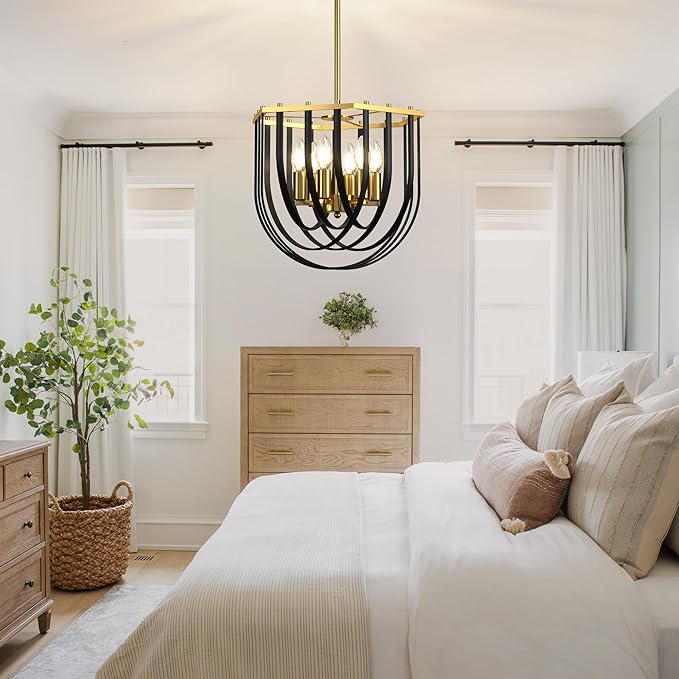 6-Light Modern Farmhouse Chandelier, Black and Gold Dining Room Light Fixture, Hanging Pendant Lights Kitchen Island, Foyer Lighting Fixtures with Metal Frame, for Living Room, Bedroom, Entryway