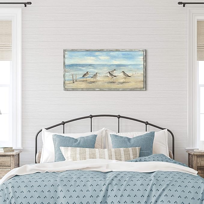Ocean Framed Painting Wall Decor: 32"x16" Abstract Coastal Wall Art Seagulls Oil Painting Style Seascape Artwork Beach Picture Printed on Wood for Living Room