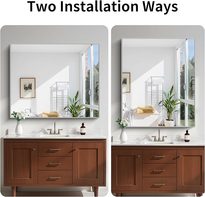 KOCUUY Silver Framed Mirror, 48"x40" Large Rectangle Bathroom Mirror for Wall, HD Tempered Glass, Anti-Rust Brushed Silver Frame, Modern Design for Bathroom, Bedroom, Living Room, Entryway