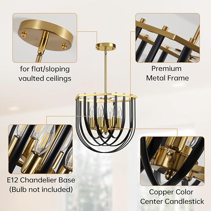 6-Light Modern Farmhouse Chandelier, Black and Gold Dining Room Light Fixture, Hanging Pendant Lights Kitchen Island, Foyer Lighting Fixtures with Metal Frame, for Living Room, Bedroom, Entryway