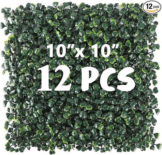 12PCS 10"x 10" Artificial Boxwood Wall Panels, UV-Anti Grass Wall Hedge Plant Panels for Indoor Outdoor Green Wall Decor Ivy Fence Covering Privacy