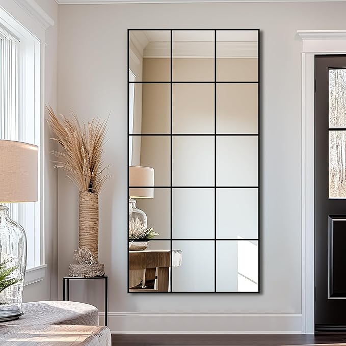 Delma Full Length Mirror, 64"x 32" Window Pane Decorative Mirror for Wall, Black Metal Framed Wall Decor, Wall Mounted, Hanging or Leaning for Bedroom, Living Room, Entryway