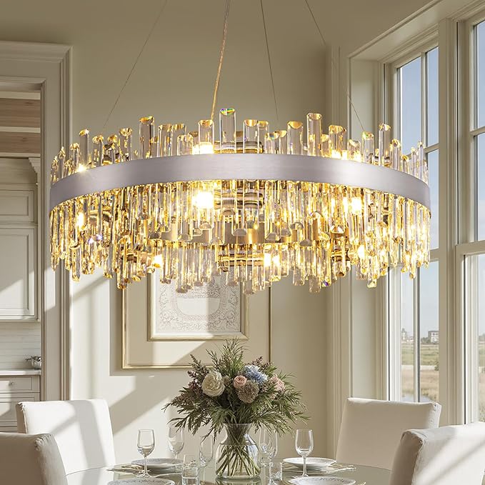 Modern Dining Room Crystal Chandelier, 16-Light Chrome Silver Round Chandelier, 31.5-inch K9 Crystal Raindrop Ceiling Light, Luxury Flush Mount Light Fixture for Kitchen Living Room Entryway