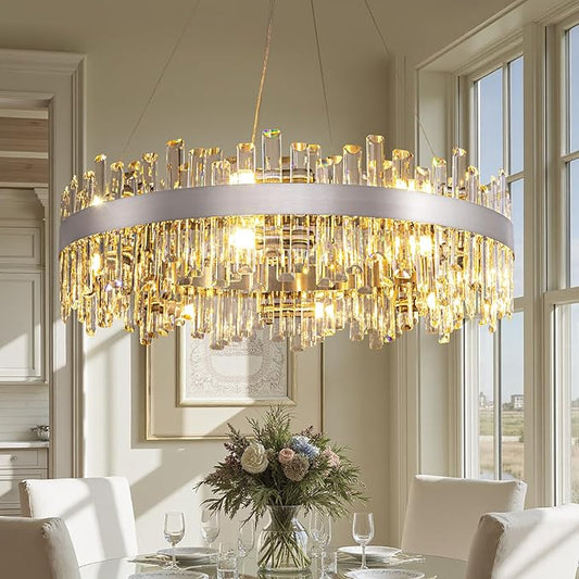 Modern Dining Room Crystal Chandelier, 16-Light Chrome Silver Round Chandelier, 31.5-inch K9 Crystal Raindrop Ceiling Light, Luxury Flush Mount Light Fixture for Kitchen Living Room Entryway