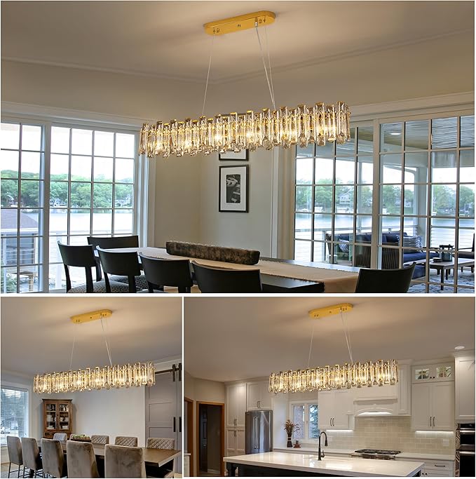Modern Luxury Rectangular K9 Crystal Chandelier for Dining Room Living Room Kitchen Island Entryway Foyer L43 Easy Install Adjustable Hight 6-Light Ceiling Hanging Light Fixture Gold