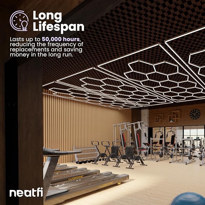 Neatfi LED Hexagon Garage Lights with 60,720 Lumens, 6500K, 552W, IP54, Hexagon Lights for Garage, Auto Shops, Car Detailing, Barber Shops, Beauty Salon, and Gym (15 Hex with Hanging Kit, Cool White)