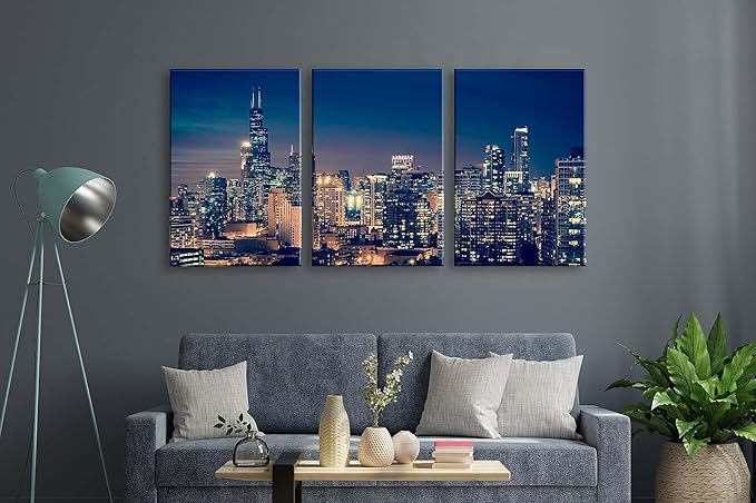 NAN Wind Modern Canvas Painting Chicago Skyline at Night Wall Art Cityscape Picture Print on Canvas Blue City Cool Building Giclee Artwork for Home Office Living Room Bedroom Decoration Framed