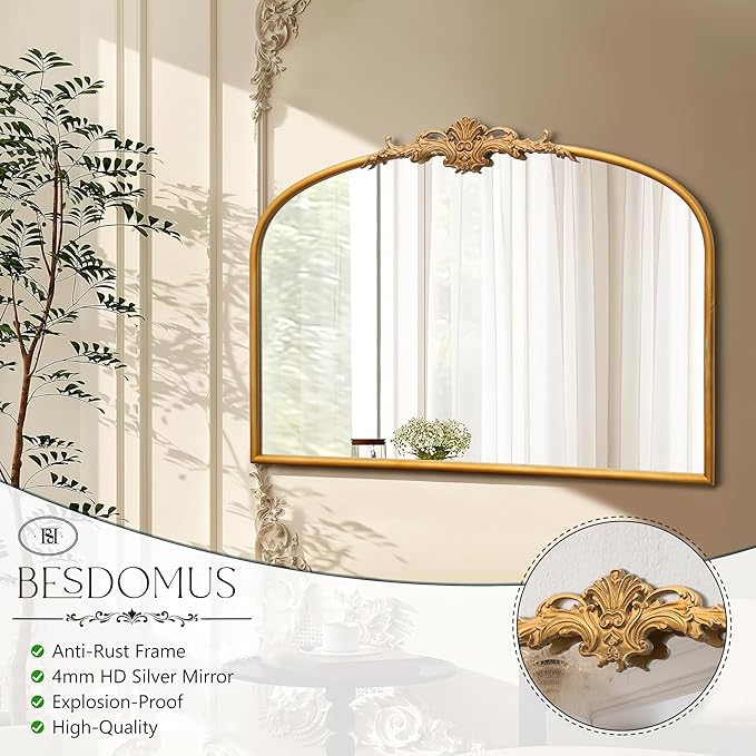 Antique Arched Gold Mirror: 32"x24" Large Gleaming Gold Antique Wall Mounted Mirror - Baroque Traditional Ornate for Fireplace/Bathroom/Living Room - Home Decor for Housewife