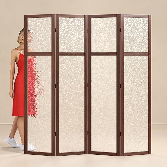 Acrylic Room Divider, 4-Panel Freestanding Partition Screen, Frosted Translucent Privacy Panel - Lightweight Modern Divider for Home Office Studio (Walnut, 4 Panels)