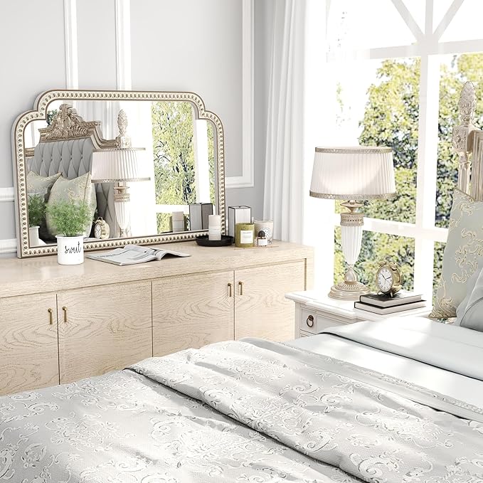 36''x24'' Farmhouse Wood Decorative Wall Mirrors with Beads, Boho Large Wide Arch Mirror for Living Room, Bedroom, Entryway, Fireplace