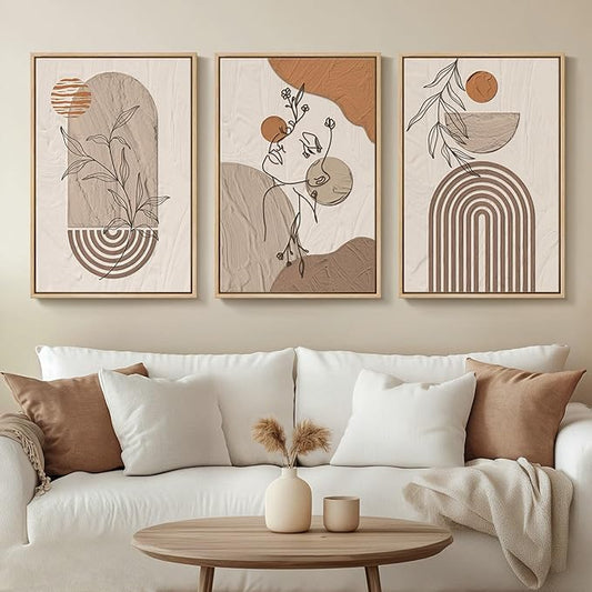 Neutral Framed Large Boho Canvas Wall Art, 3 Piece Bohemian Earth Tone Prints Paintings Artwork for Walls, Elegant Abstract Woman Face Pictures for Living Room, Bedroom, Office Wall Decor -16x24 Inch