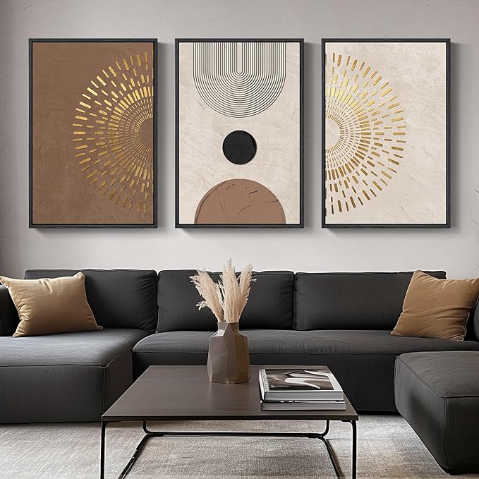 Large Framed Boho Neutral Abstract Wall Art for Living Room, 3 Piece Canvas Prints Paintings Artwork for Walls, Minimalist Brown Beige Gold Geometric Pictures for Hallway Stair Office Wall Decor 24x36