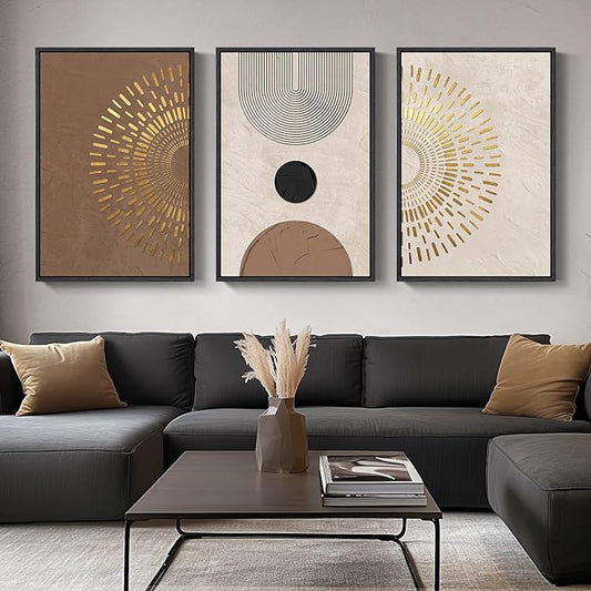 Large Framed Boho Neutral Abstract Wall Art for Living Room, 3 Piece Canvas Prints Paintings Artwork for Walls, Minimalist Brown Beige Gold Geometric Pictures for Hallway Stair Office Wall Decor 24x36