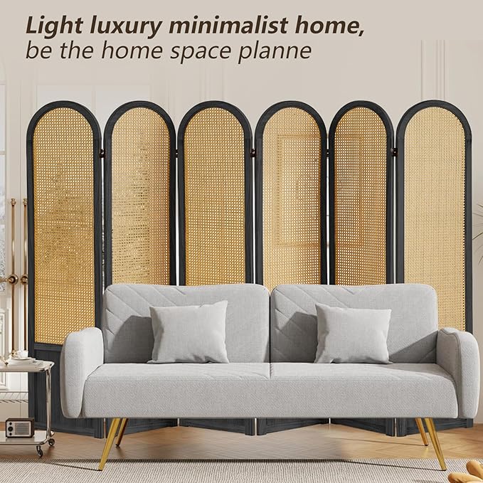 6 Panel Rattan Room Divier, Room Divider Panel and Folding Privacy Screens, Room Divider Wall, Solid Wood Frame, Partition Room Dividers, Bedroom, Lounge, Black