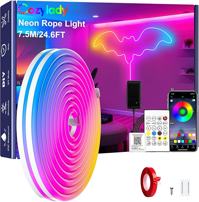 Cozylady 20Ft RGB LED Neon Rope Lights for Bedroom, 7.5m LED Strip Lamp with Double Sided Adhesive Tape, App/Remote Control Waterproof DIY Lights Decorate The Outdoor and Indoor of Your Home.