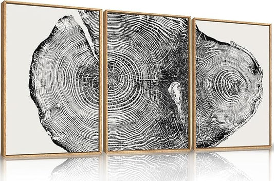 Large Vintage Tree Ring Framed Canvas Wall Art,Abstract Wood Stump Wall Decor,Neutral Annual Ring Artwork,Modern Black and White Art Print for Living Room,Bedroom,Office- 24"x36"x3