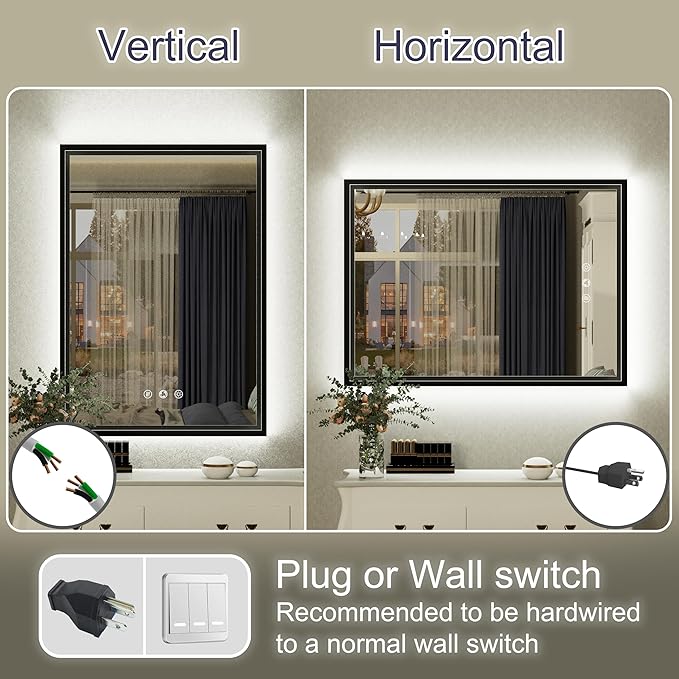 20x28 Inch LED Bathroom Mirror with Front and Back Lighting, 3 Color Temp, Dimmable, Anti-Fog, Black Aluminum Frame Wall Mounted Lighted Bathroom Vanity Mirror