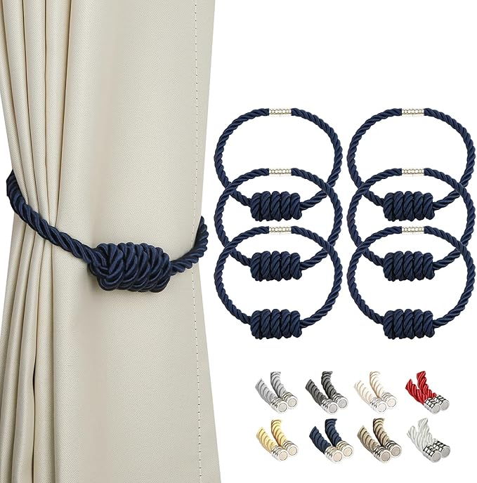 BEL AVENIR Magnetic Curtain Tiebacks, Decorative Drapery Holdbacks Modern Woven Tie-Backs with Exquisite Knot (Navy, 6 Pack)
