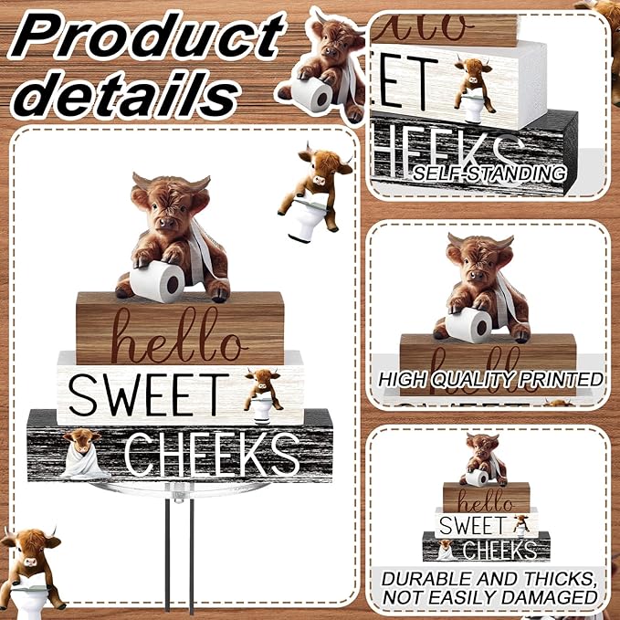 4 Pcs Christmas Highland Cow Bathroom Decor Farmhouse Bathroom Decoration Western Hello Sweet Cheeks Table Centerpiece