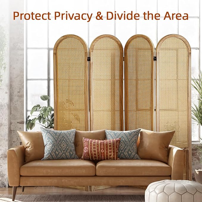 4 Panel Room Dividers and Folding Privacy Screens, Hand-Made Rattan Room Divider with Bi-Directional Hinge, Pre-Assembled Wood Room Divider Wall for Home Office Bedroom, Light Brown