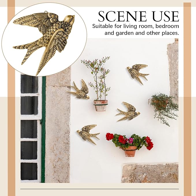 4 Pcs Vintage Bird Wall Sculpture Decor Art 4.7 Inch Antique 3D Sculpted Hanging Bird Resin Wall Art Golden Brass Rustic Floating Ornament for Living Room Garden Indoor Outdoor, Gift for Christmas