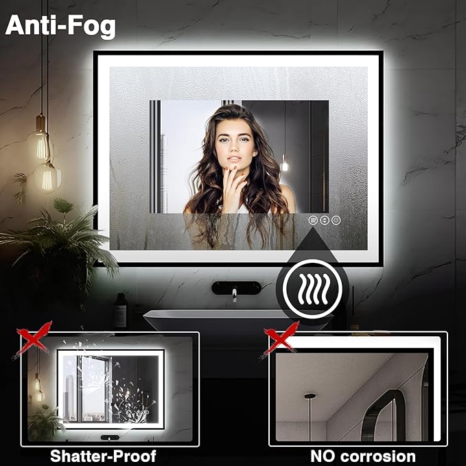 40x24 LED Bathroom Mirror - Black Aluminum Framed, Front and Backlit, Anti-Fog, Stepless Dimmable Lighted, 3 Colors Smart Vanity Mirror (Horizontal/Vertical)