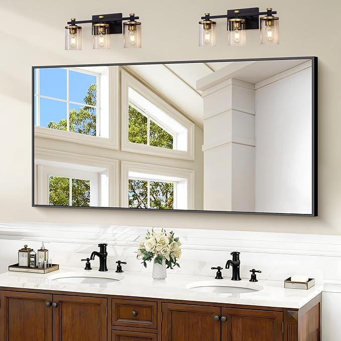 Black Bathroom Mirror for Wall, 55x30 Inch Rectangle Mirrors with Metal Frame, Modern Vanity Wall Mirror Decor for Bathroom Living Room, Entryway Hangs Horizontal or Vertical
