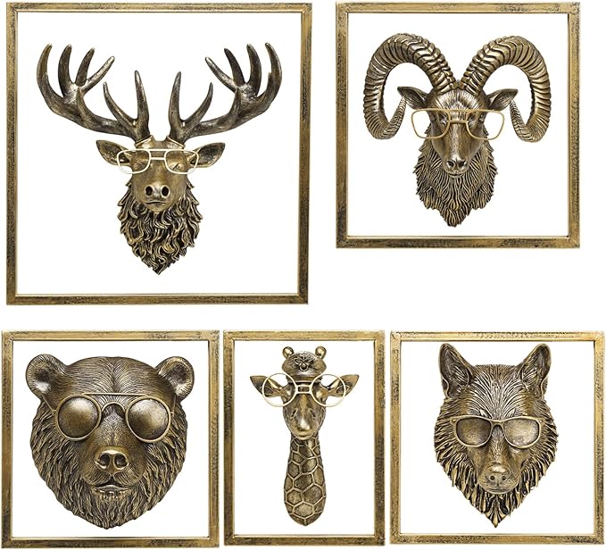 JJALIGHTS Animal Heads Wall Decor Resin Animals Sculptures Head Wall Hanging Decoration Imitation Copper vintage Wall Sculpture for Living Room Bedroom Office(5pcs,Includes Metal Frame)