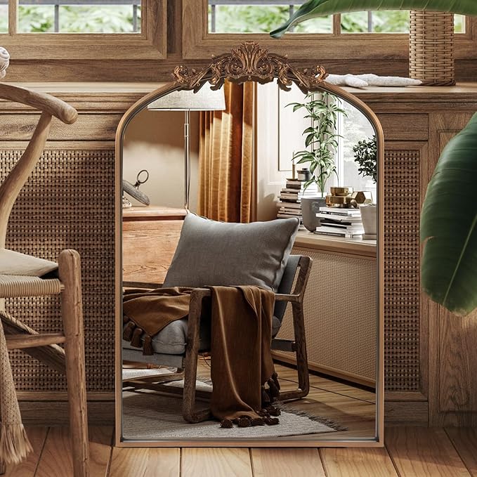 Antique Gold Arched Baroque Mirror 24x36 - Brass Finish Metal Frame, Intricately Carved Vertical Wall Mirror for Entryway, Living Room, Bathroom Vanity & Dining Room