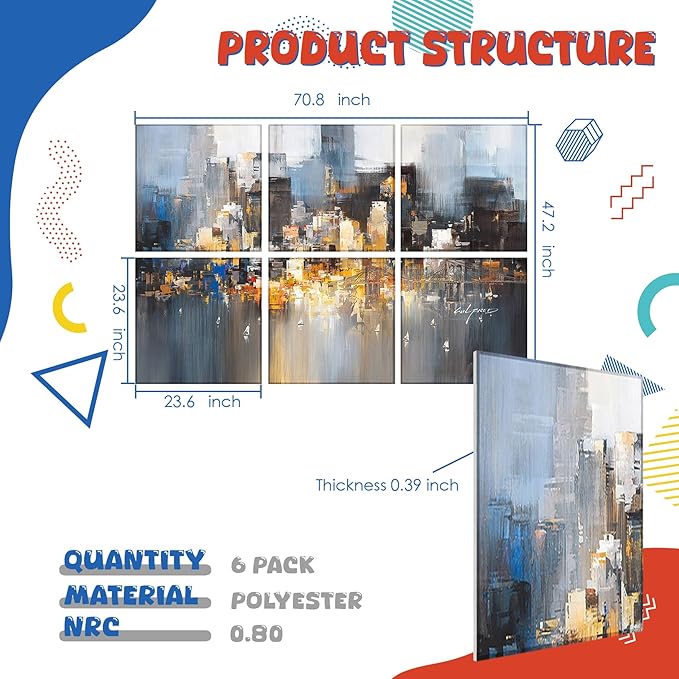 Art Acoustic Panels, 72"x48"x0.4" Sound Absorbing Panels,Better Sound Panels than Soundproof Foam,Self adhesive Soundproof Wall Panels for Recording Studio, Abstract city