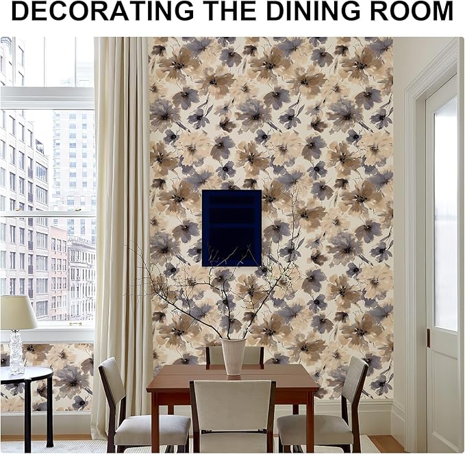 JiffDiff Floral Peel and Stick Wallpaper, Purple Watercolor Flower Contact Paper Peel and Stick for Bedroom Bathroom, Brown Vintage Removable Waterproof Self Adhesive Wall Paper 118"X17.3"(14 sq. ft)