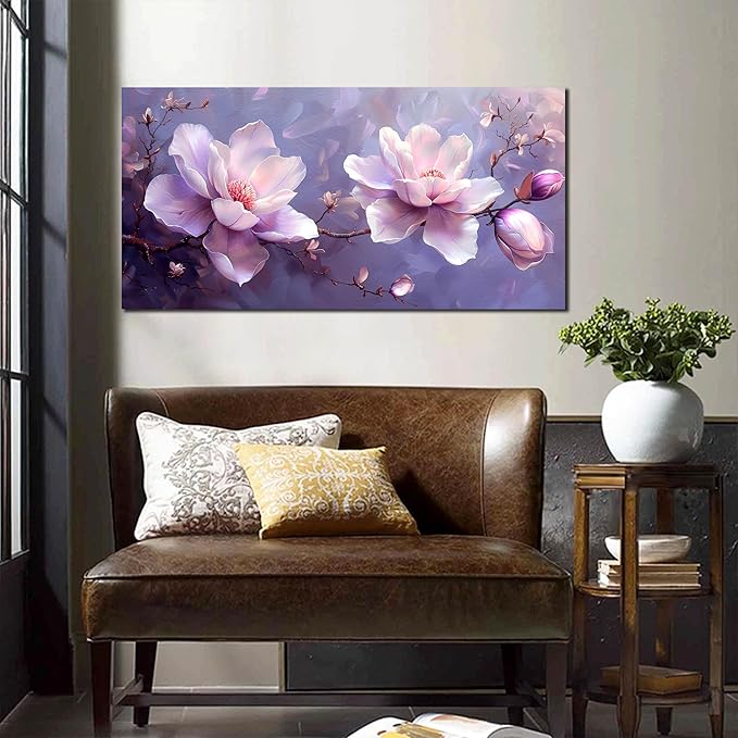 ANCXWOTER Botanical Wall Art Pink Purple Flower Artwork Modern Floral Canvas Prints for Living Room Bedroom Office Kitchen 20"x40"