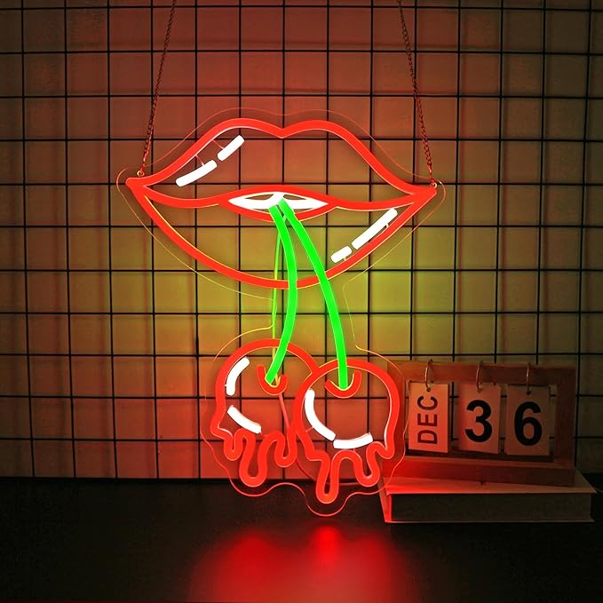 Cherry Lips Neon Sign, Neon Signs for Wall Decor Neon Red LED Signs Room Neon Light Up Signs Home Decor for Bedroom Club Party Bar Shop USB Operated