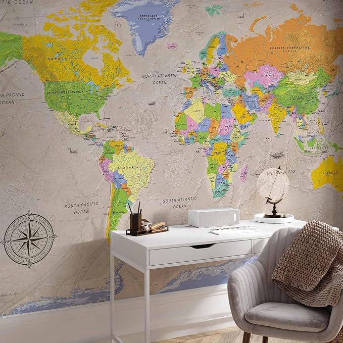 artgeist Wall Mural World Map 193x138 in - XXL Peel and Stick Self-Adhesive Wallpaper Removable Large Sticker Foil Wall Decor Print Picture Image Design Map of The World k-A-0129-a-a
