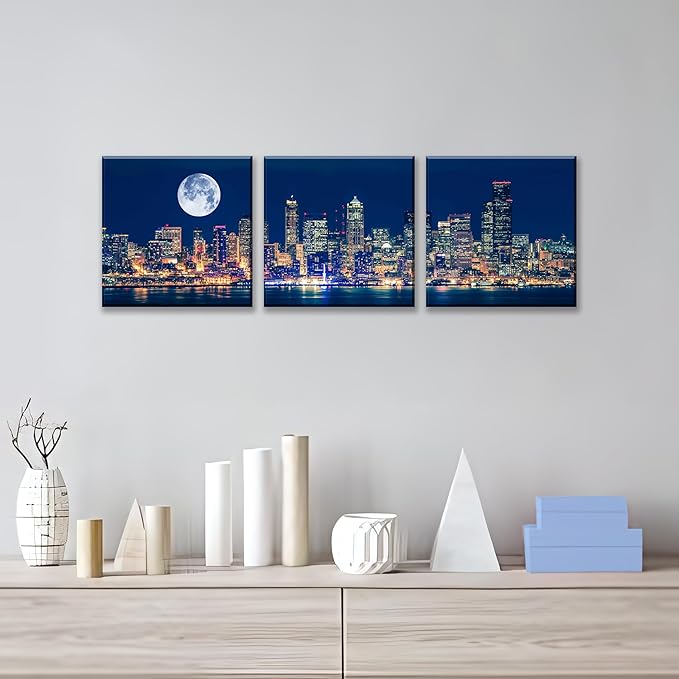 NAN Wind Panoramic Seattle Skyline Night Canvas Art Full Moon Over City Wall Decor 3 Panel Modern Urban Cityscape Print Blue Harbor Illuminated Skyscrapers Living Room Office Bedroom Home Decoration