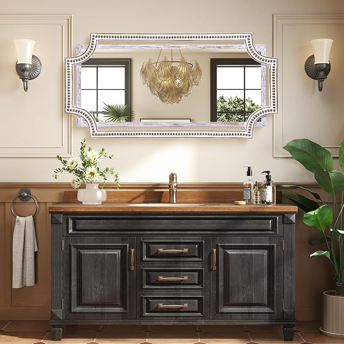 24" X 47" Wooden Farmhouse Large Wall Mirror, Rustic Art Decorative Full Length Mirrors for Living Room, Bedroom, Bathroom, Entryway - Hang Horizontally or Vertically