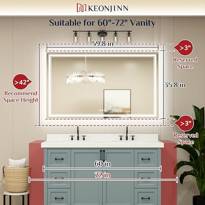 Keonjinn LED Bathroom Mirror 60" x 36" with Frontlit and Backlit, Tempered Glass Stepless 3 Colors Temperature & Dimmable Large Vanity Mirror, UL Listed LED Driver, Double Lights Anti-Fog Wall Mirror