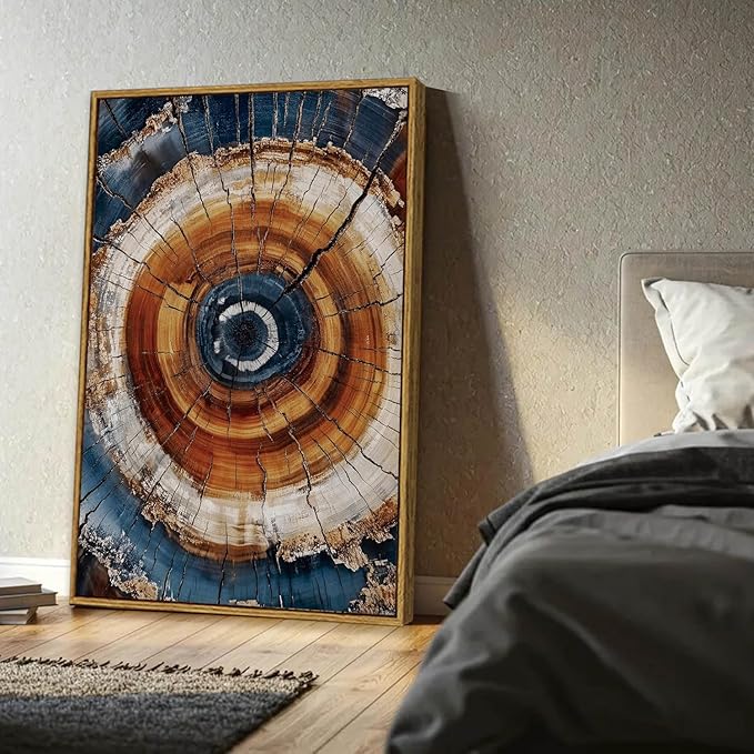 BingruiArt Large Framed Tree Ring Wall Art Wood Canvas Colorful Boho Wall Decor Rustic Artwork Abstract Painting Farmhouse Picture Nature Print for Living Room Bedroom Bathroom 24"x36" Natural Framed(05)