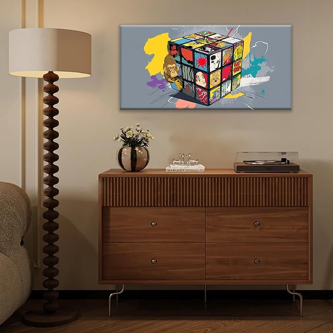 Abstract Wall Art Modern Abstract Wall Decor Multicolor Graffiti Cube Canvas Art Wall Decor Painting Picture For Bedroom Office Home Wall Decoration Artwork 20"X 40"Ready To Hang